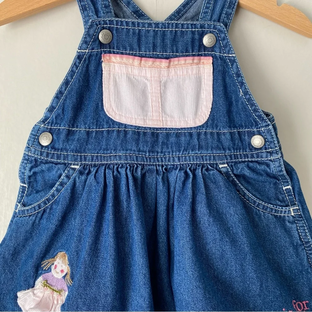 Vintage Y2K GAP Embroidered Tea Party Cotton Denim Overall Dress 0-3M